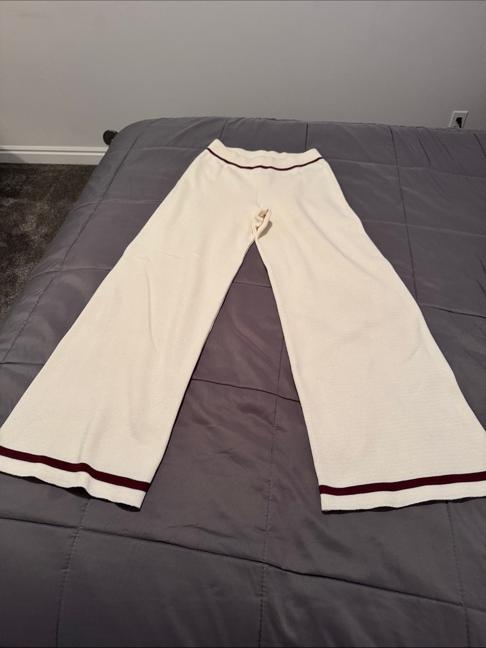 Maeve Cream Sweater Knit Pants with Maroon Accent